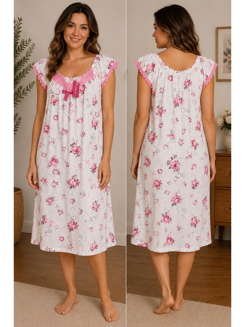 Pink Floral Nightgown Lace Trim Sleep Dress Loungewear Size Large NWT